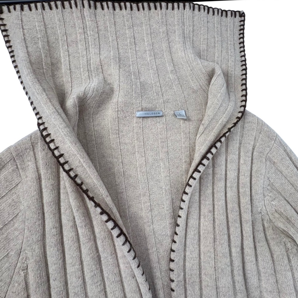 Halogen‎ Ribbed Knit Open Front Belted Cardigan Sweater Womens L Beige Hooded - Picture 5 of 6